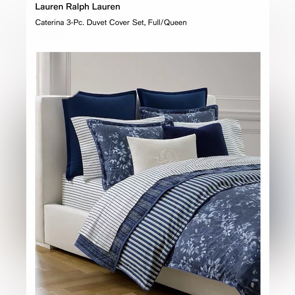 Ralph Lauren Navy Floral & Stripe 3-Pc Duvet Cover Set